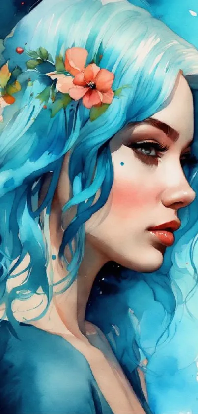 Wallpaper featuring a woman with blue hair and floral accents in artistic style.