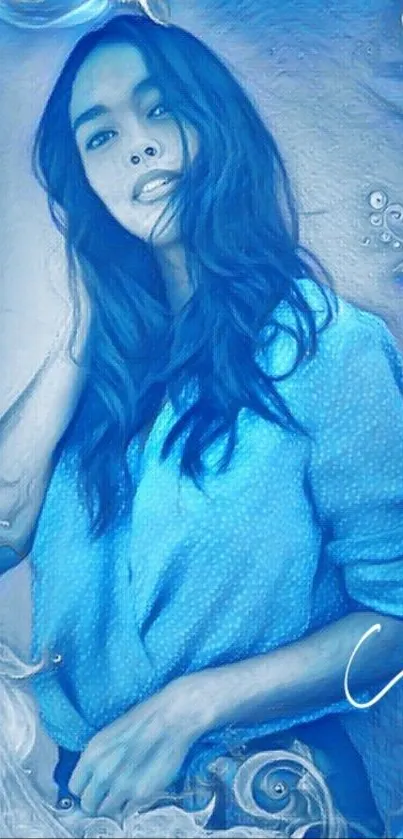 Artistic blue portrait wallpaper with a woman and flowing design elements.