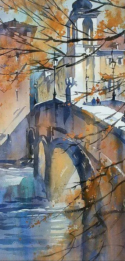 Watercolor painting of an autumn bridge scene.