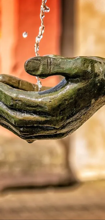 Bronze sculpture hand with water flow in artistic fountain design.