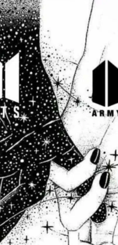 Illustrated black and white BTS ARMY hands wallpaper.