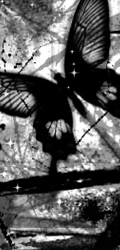 Abstract butterfly wallpaper with black and gray textures.