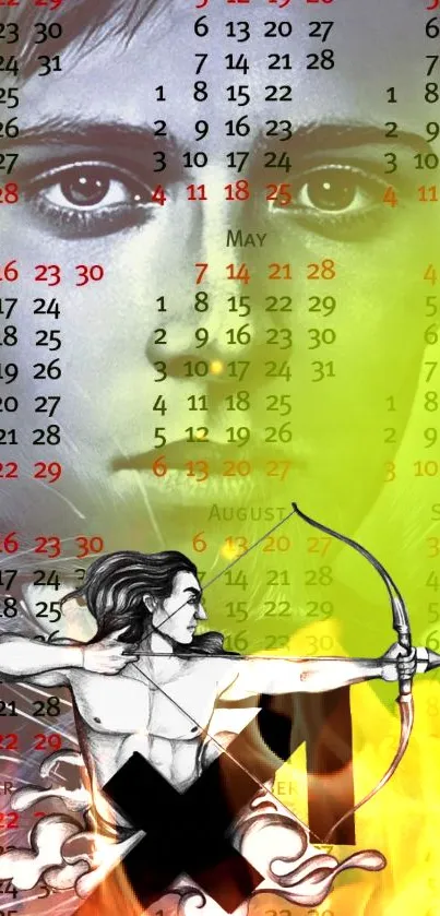 Artistic mobile wallpaper with calendar and vivid elements in yellow.