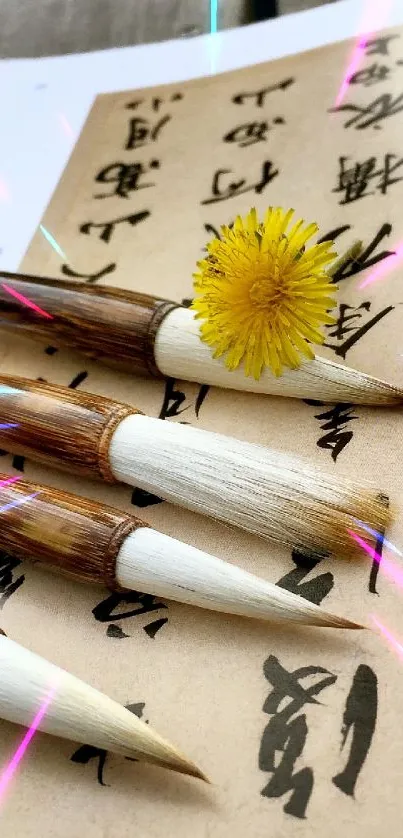 Beige paper with calligraphy and brushes on wooden table.