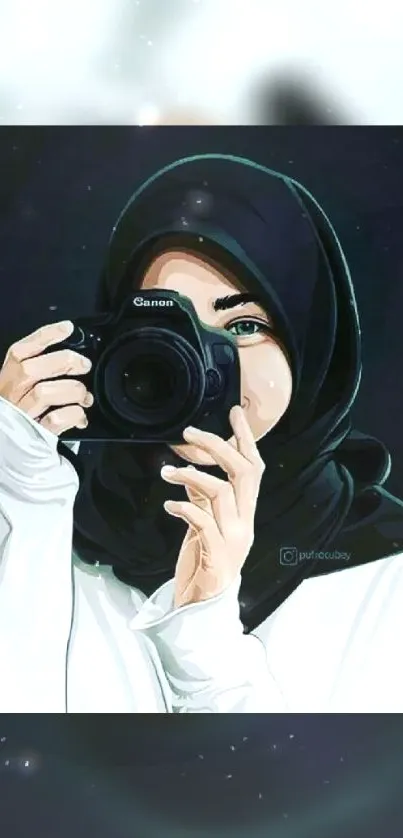 Illustration of a woman with camera in stylish black hijab.