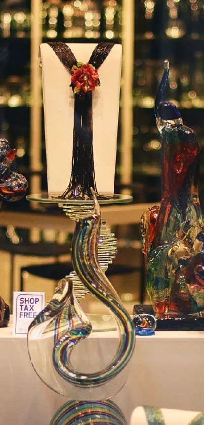 Candle with artistic glass sculptures on display.
