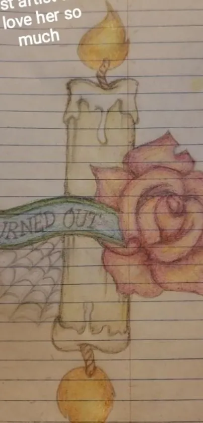 Hand-drawn candle with rose on lined paper.