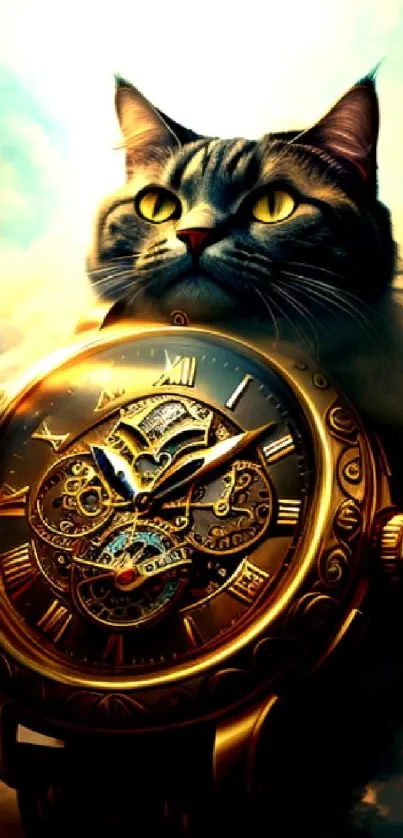 Fantasy wallpaper with cat and vintage clock.