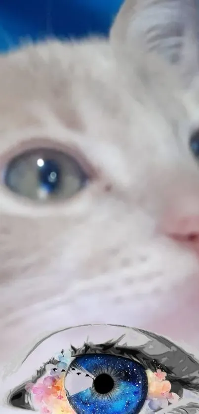 Close-up of a cat with a blue, artistic eye overlay.