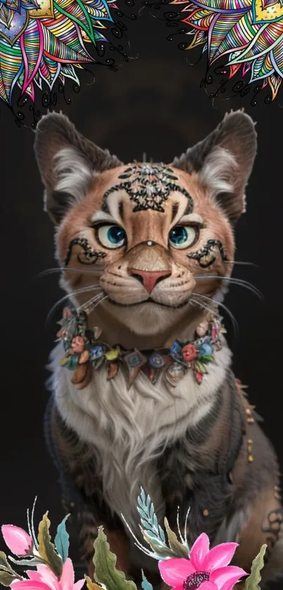 Decorative cat with colorful floral art on a black background.