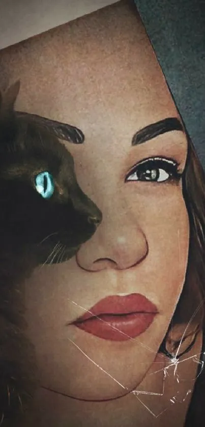 Stylized portrait of a woman with a black cat in artistic design.