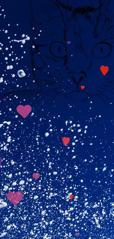 Illustrated cat in blue, with hearts and white dots.