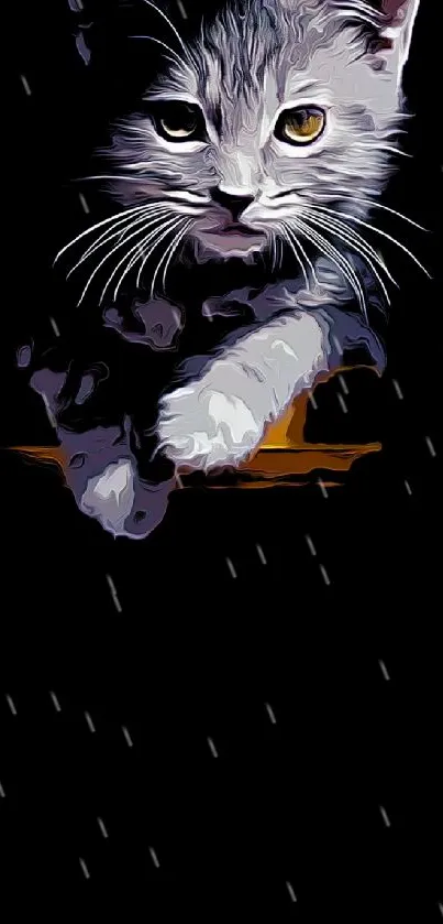 Artistic representation of a cat on a black background for mobile wallpaper.