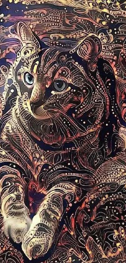 Intricate artistic cat design with vibrant colors on dark blue background.