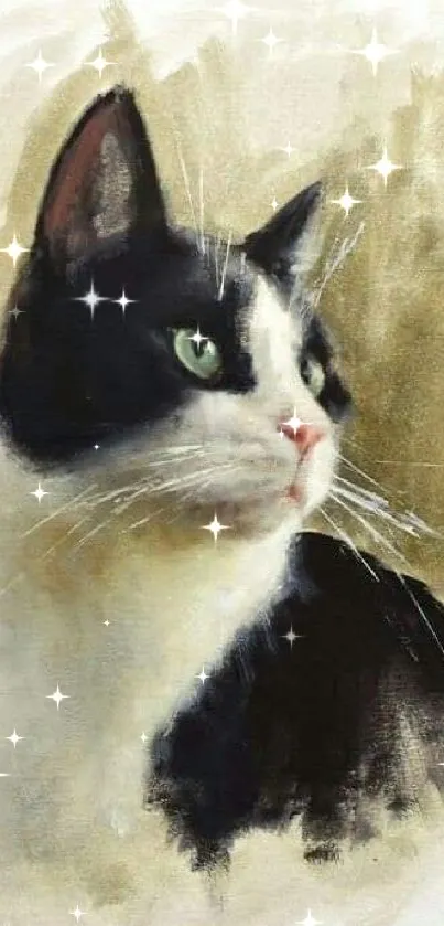 Artistic portrait of a black and white cat with green eyes on a beige background.