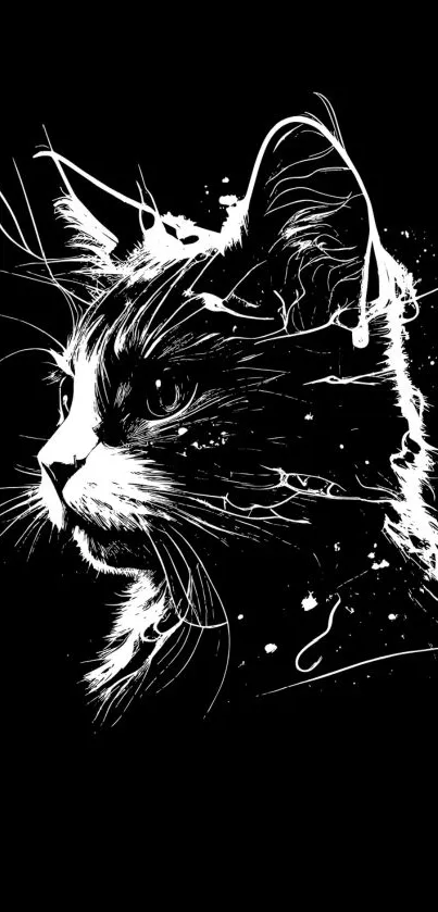 Artistic black and white cat sketch wallpaper for mobile.