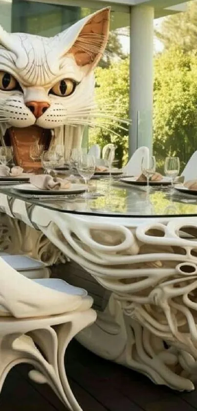 Artistic cat-themed table with intricate carvings and a glass top.