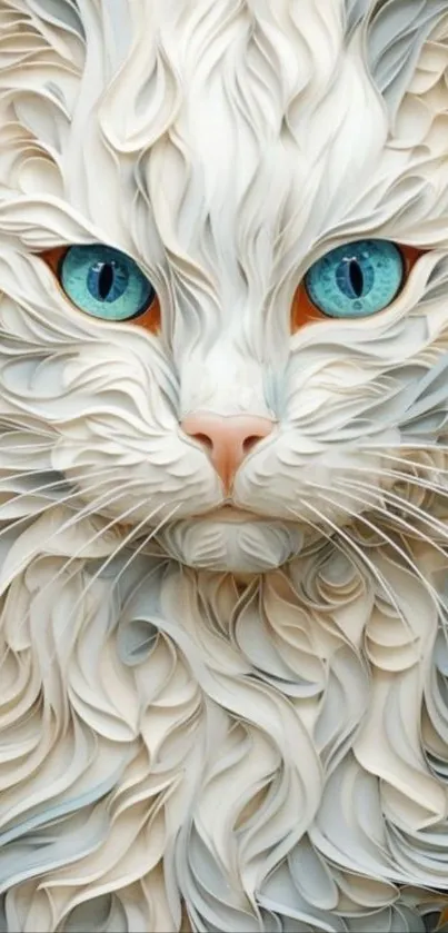 Artistic fluffy cat with blue eyes design.