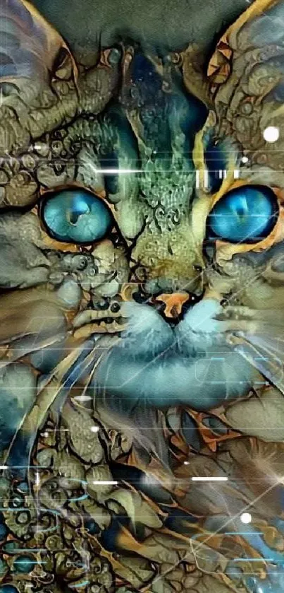 Abstract cat with striking blue eyes in artistic digital style.