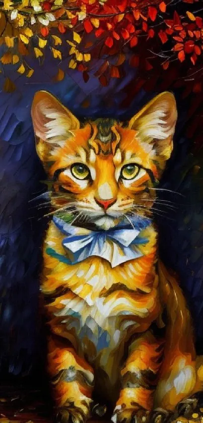 Vibrant artistic wallpaper of a cat with blue bow tie.