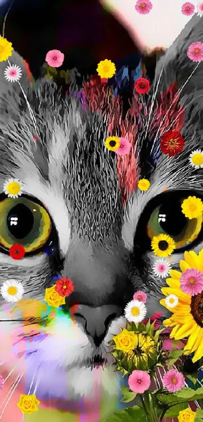 Whimsical cat with colorful effects and sunflowers, perfect for vibrant phone background.