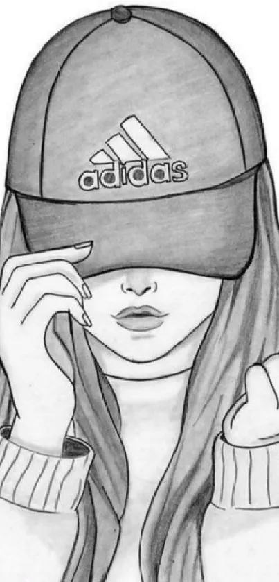 Monochrome drawing of girl wearing a cap, hand gesture visible.