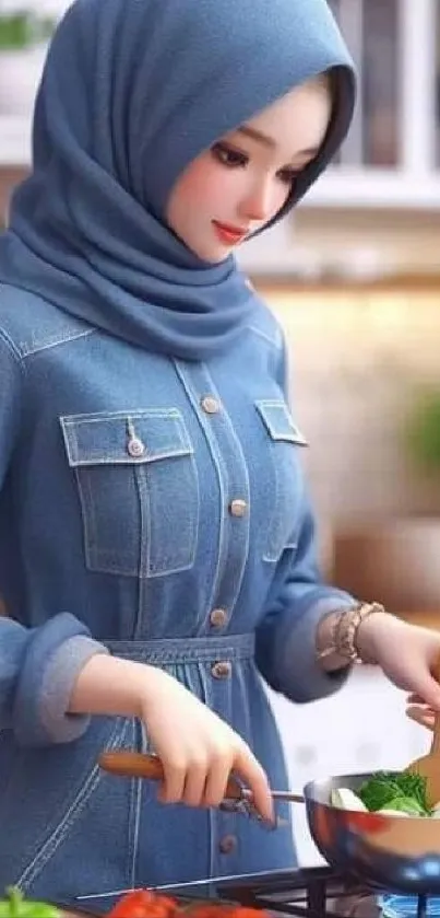 Woman in denim, cooking in stylish kitchen.