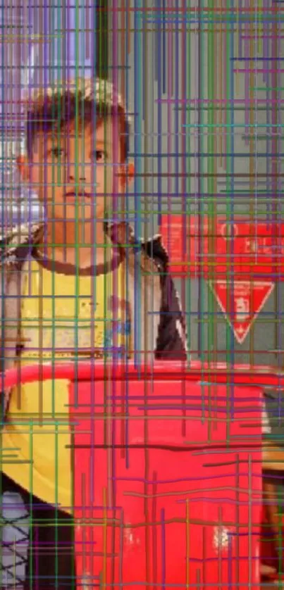 Child standing behind colorful geometric patterns.