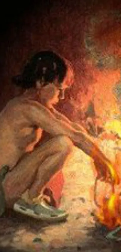 Child sitting by a warm fire creating an artistic and serene nighttime scene.