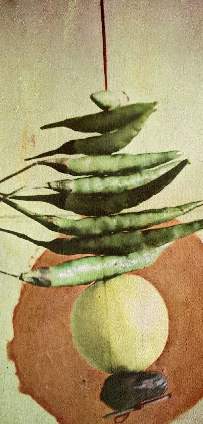 Artistic arrangement of green chillies with a lemon on mobile wallpaper.