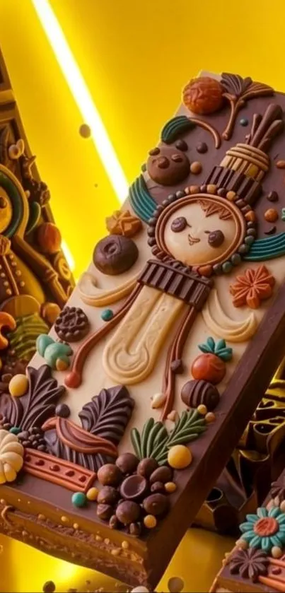 Intricately designed chocolate bars on a bright yellow background.