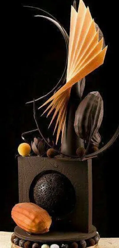 Intricate chocolate sculpture on a black background.