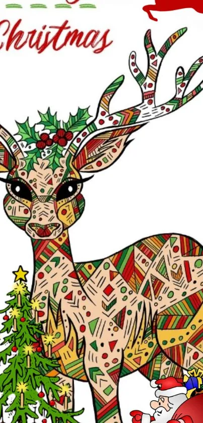 Artistic Christmas deer with festive colors on white background.