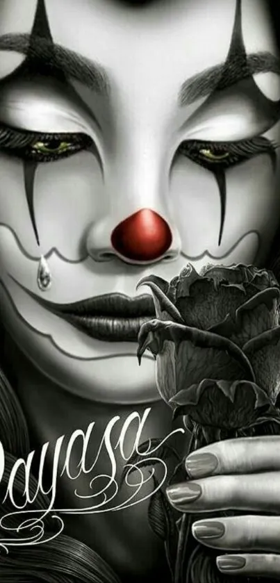 Grayscale clown with black rose wallpaper.