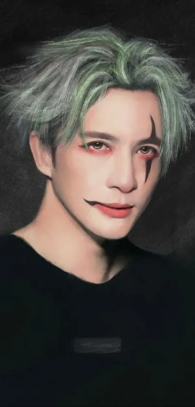 Artistic clown portrait with green hair on dark background.