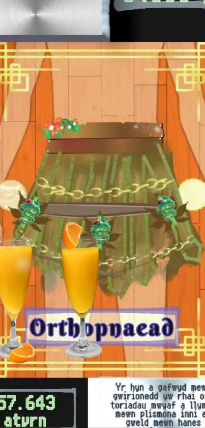 Artistic wallpaper featuring cocktails and orange slices on an ornate background.