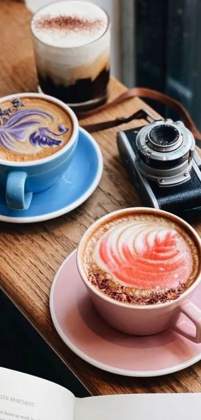 Mobile wallpaper featuring colorful latte art and a vintage camera on wooden table.