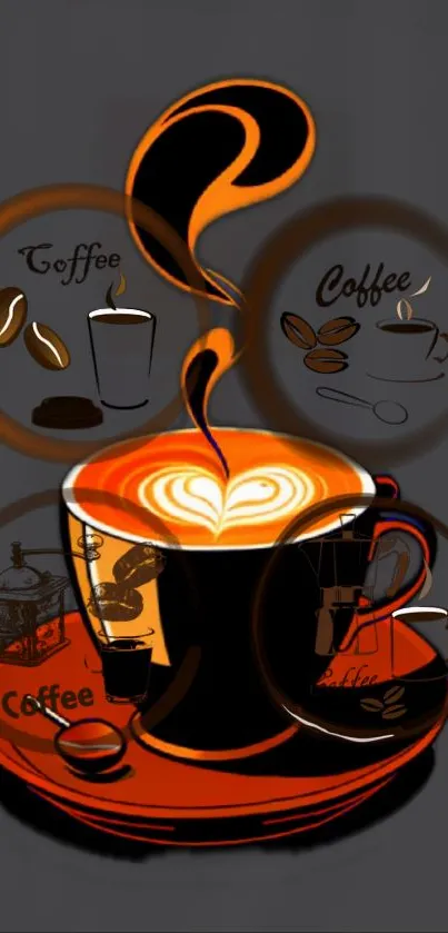 Artistic coffee cup with vibrant orange steam and dark background.