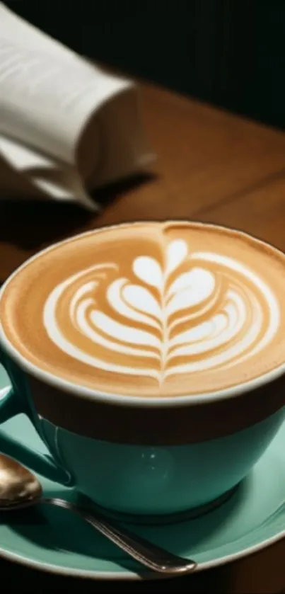 Turquoise cup with latte art on wooden table.