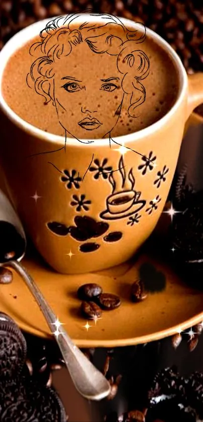 Artistic coffee cup with sketch and cookies on mobile wallpaper.