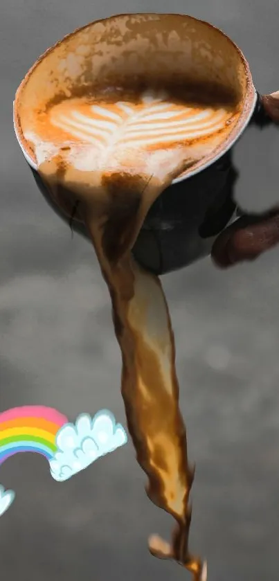 Artistic coffee spill with rainbow design on wallpaper.