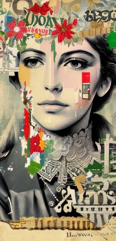 Artistic collage wallpaper featuring a vintage-style woman's portrait with graphic elements.