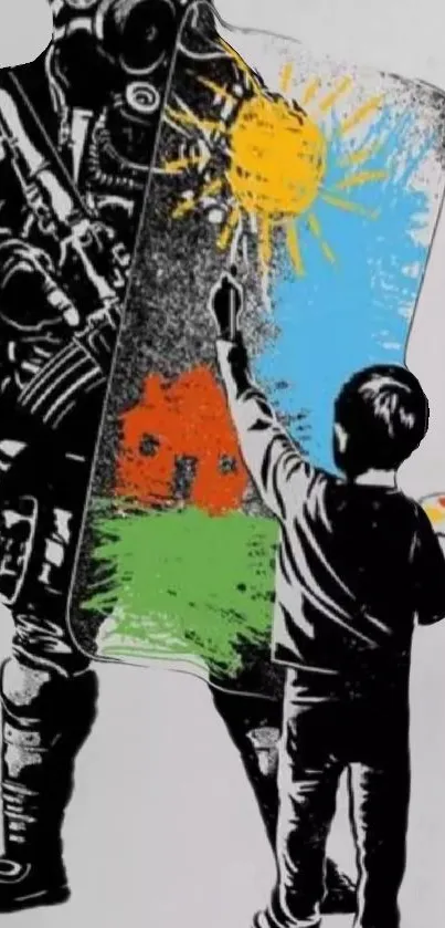 Boy paints colorful scene on soldier's shield.