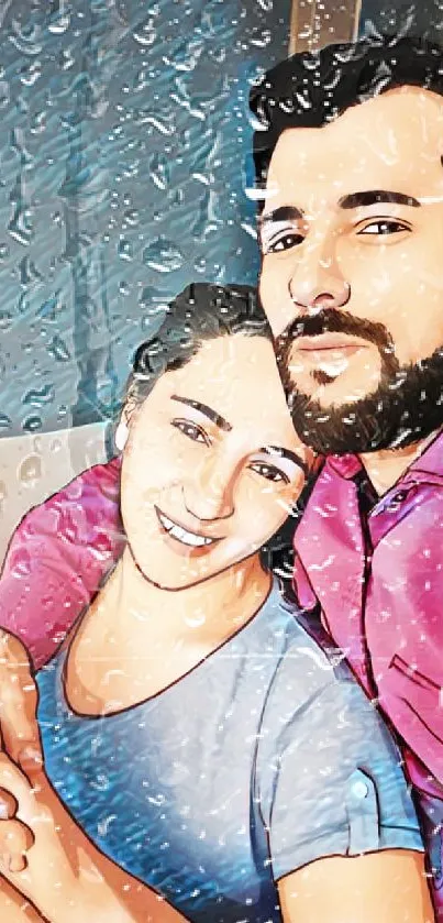 Artistic illustration of a smiling couple on a mobile wallpaper.