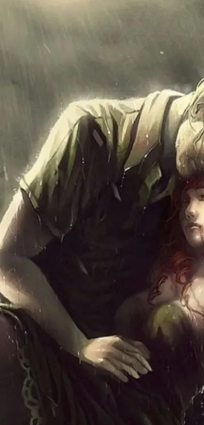 Artistic depiction of a couple embracing in the rain, with a fantasy theme.