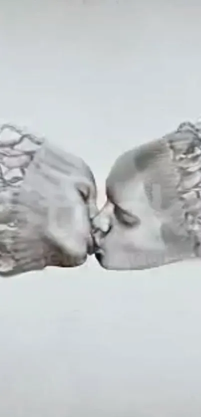 Artistic depiction of two merging faces in a kiss with flowing lines on a grey background.