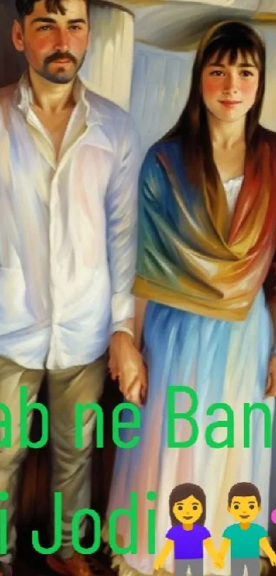 Artistic couple painting with vibrant colors and romantic theme.