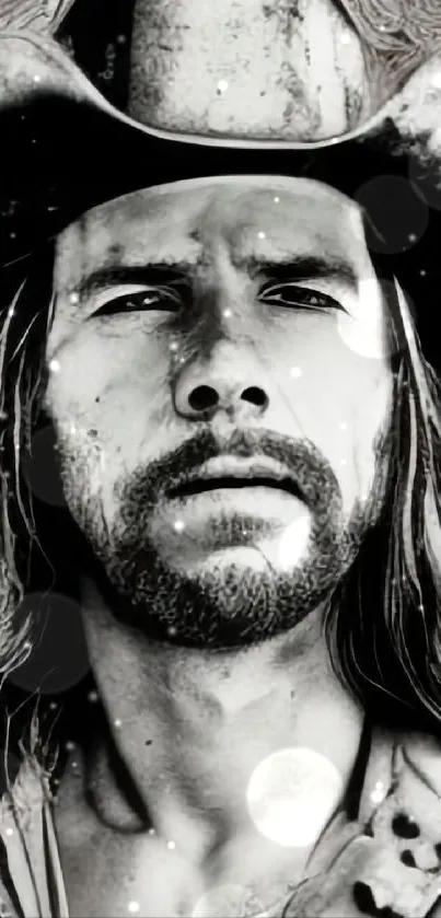 High-contrast black and white cowboy portrait with a hat.