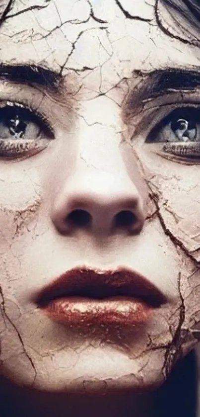 Mobile wallpaper with cracked artistic face design, surreal and creative.