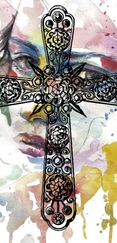 Artistic cross with colorful watercolor background on phone wallpaper.